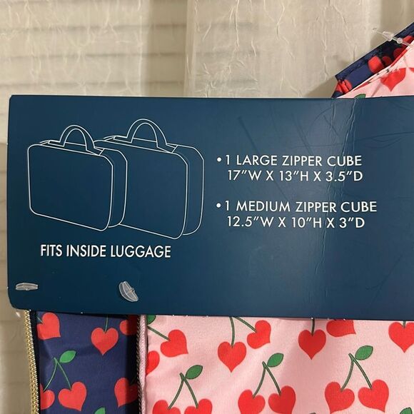 DL Cherry Print Blue Pink Green Red Gold Tone 2 Piece Travel Packing Cube Set - Picture 3 of 8